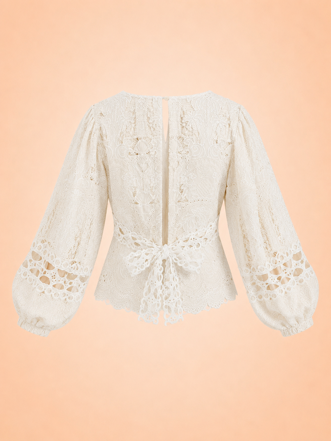 Cream Boho Lace Blouse - Embroidered V-Neck Balloon Sleeve Top
