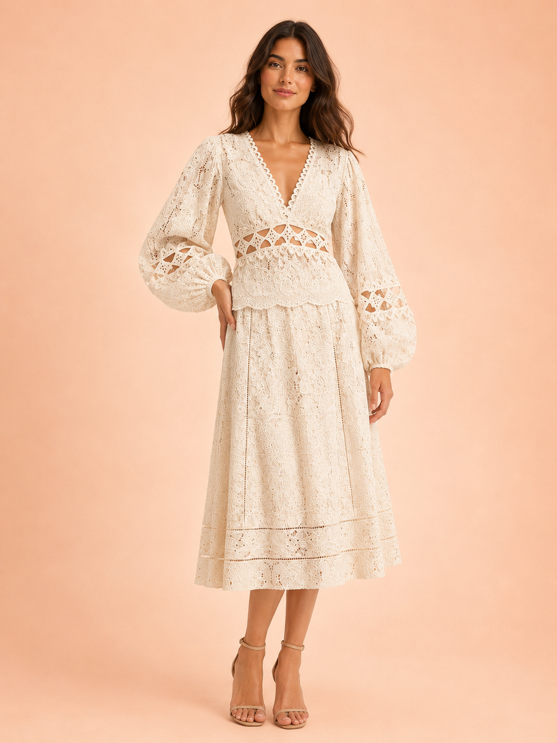 Cream Boho Lace Blouse - Embroidered V-Neck Balloon Sleeve Top