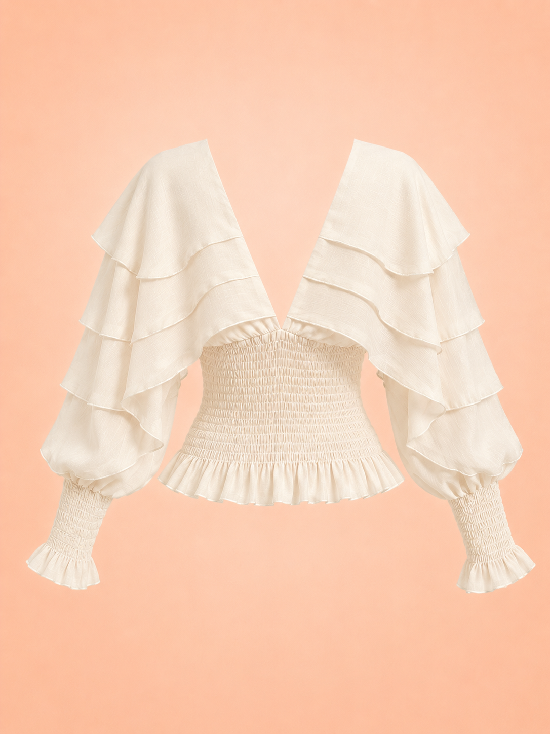 Cream Ruffle Sleeve V-Neck Blouse - Women's Smocked Boho Top