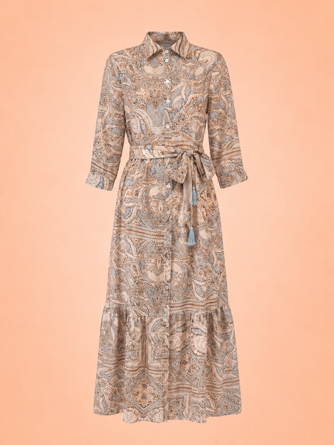 Women's Beige Paisley Shirt Maxi Dress With Belt & Tassel Tie - Elegant Button Front Long Dress