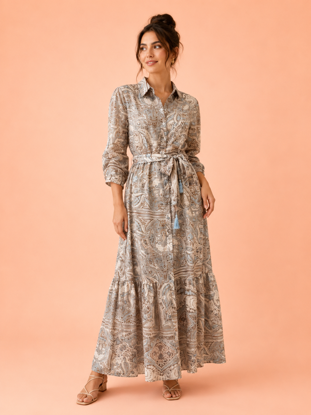 Women's Beige Paisley Shirt Maxi Dress With Belt & Tassel Tie - Elegant Button Front Long Dress