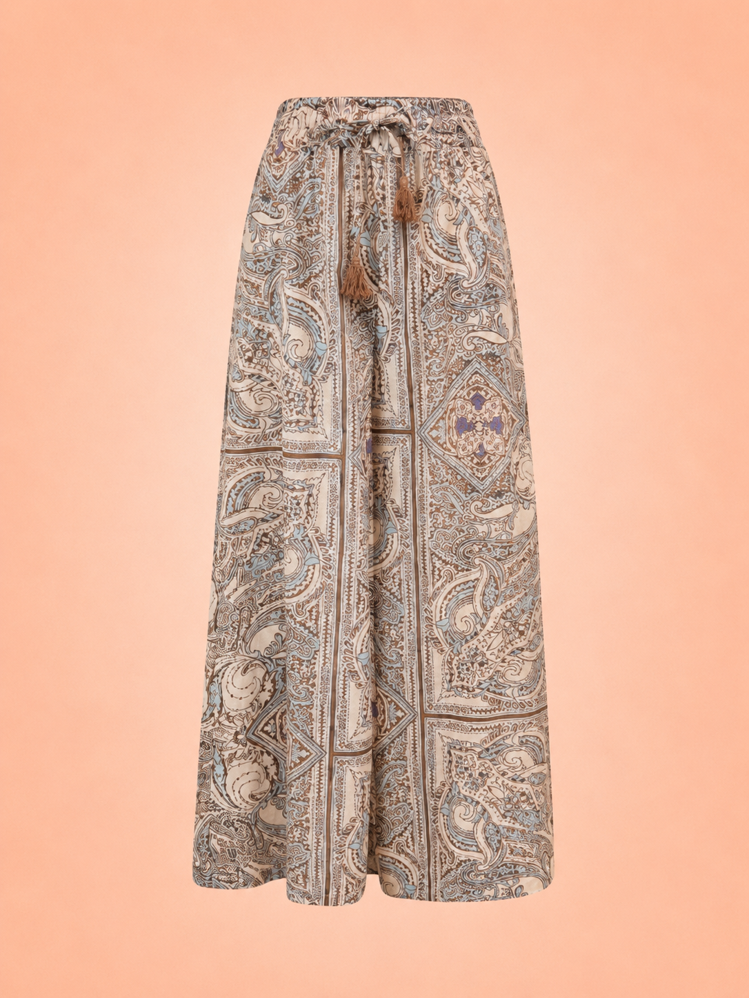 Paisley Wide Leg Palazzo Trousers With Tassel Tie Waist - Beige & Sky Blue Print