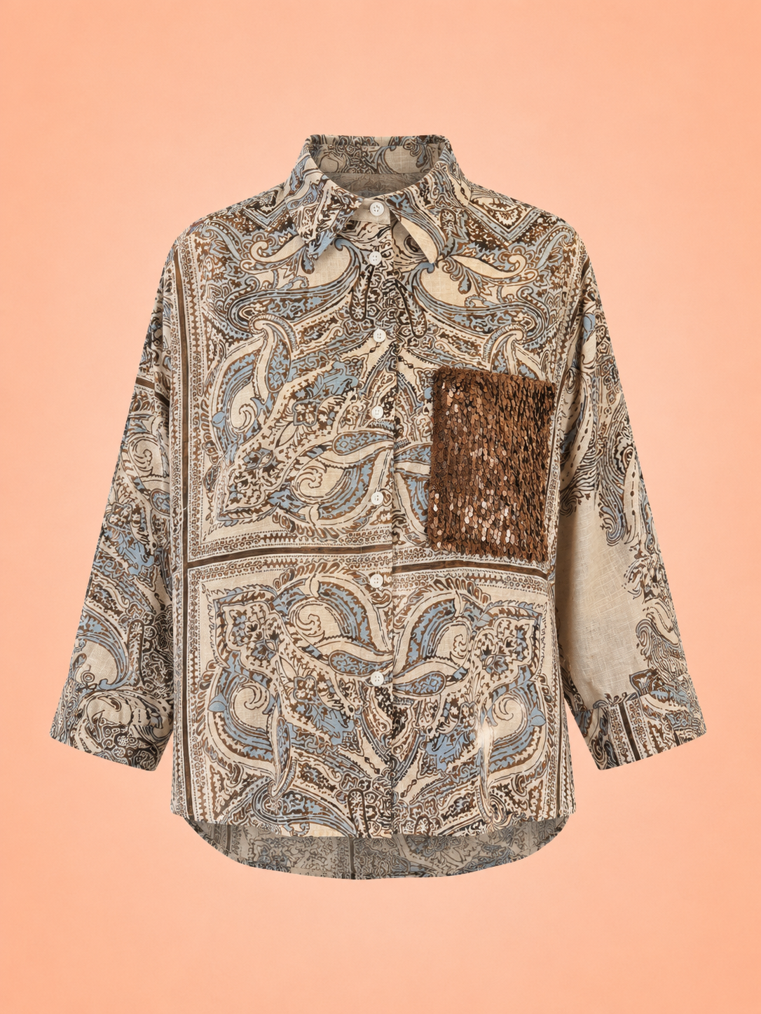 Paisley Sequin Pocket Shirt - Beige & Sky Blue Oversized Button-Up Blouse