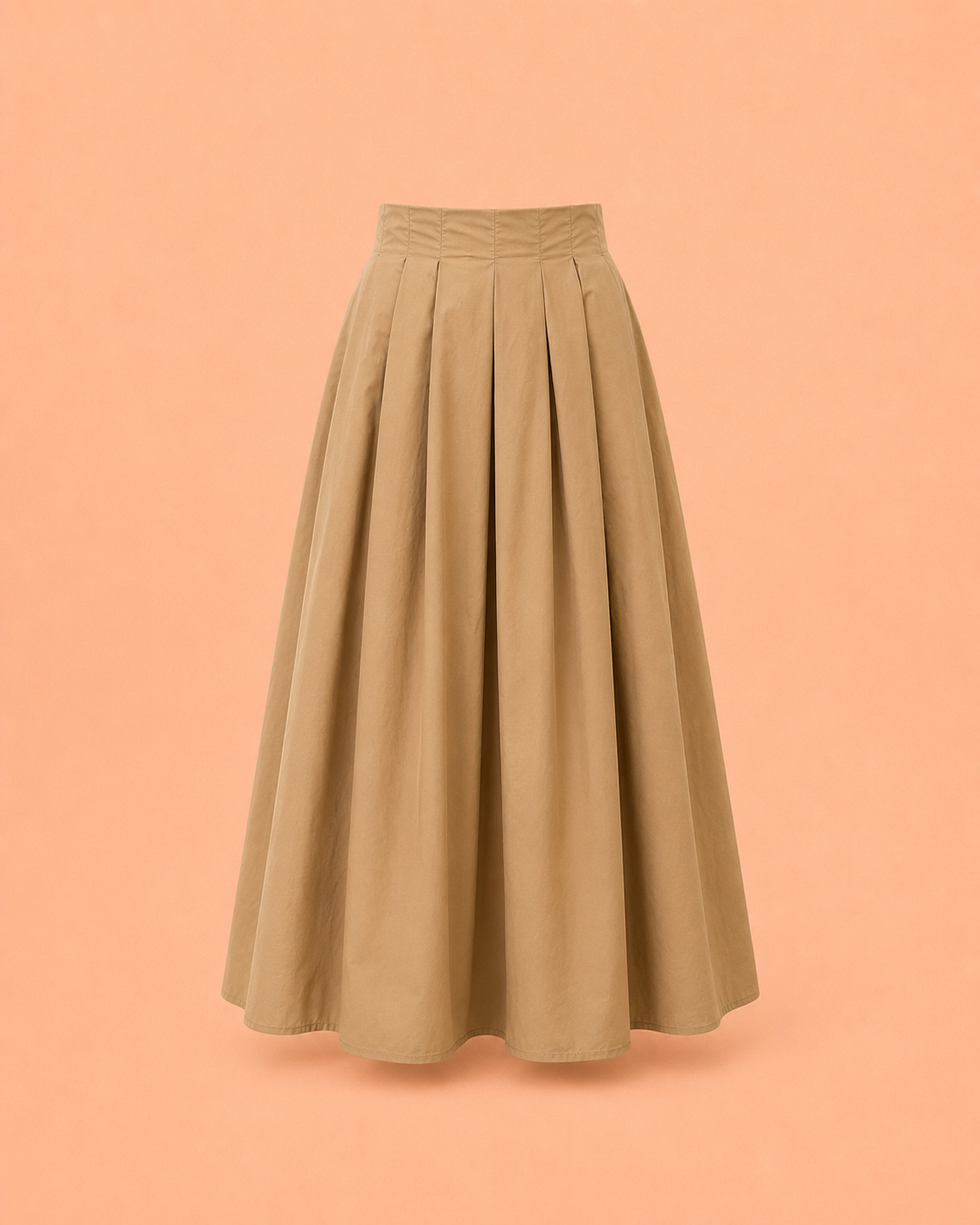 Camel Pleated Maxi Skirt - High Waist A-Line Cotton Blend Skirt