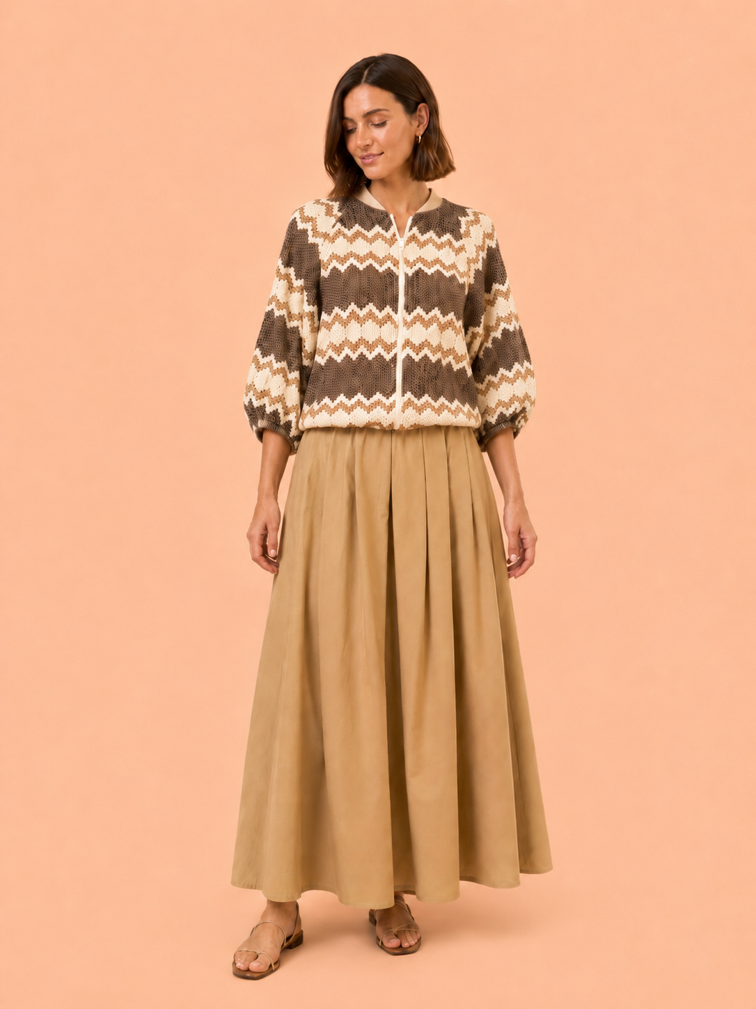 Mocha Cream Zigzag Knit Zip Cardigan - Textured Knit Jacket