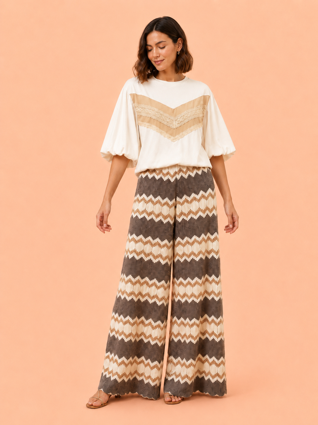 Mocha Cream Chevron Knit Wide Leg Pants - Women's Textured Knit Trousers