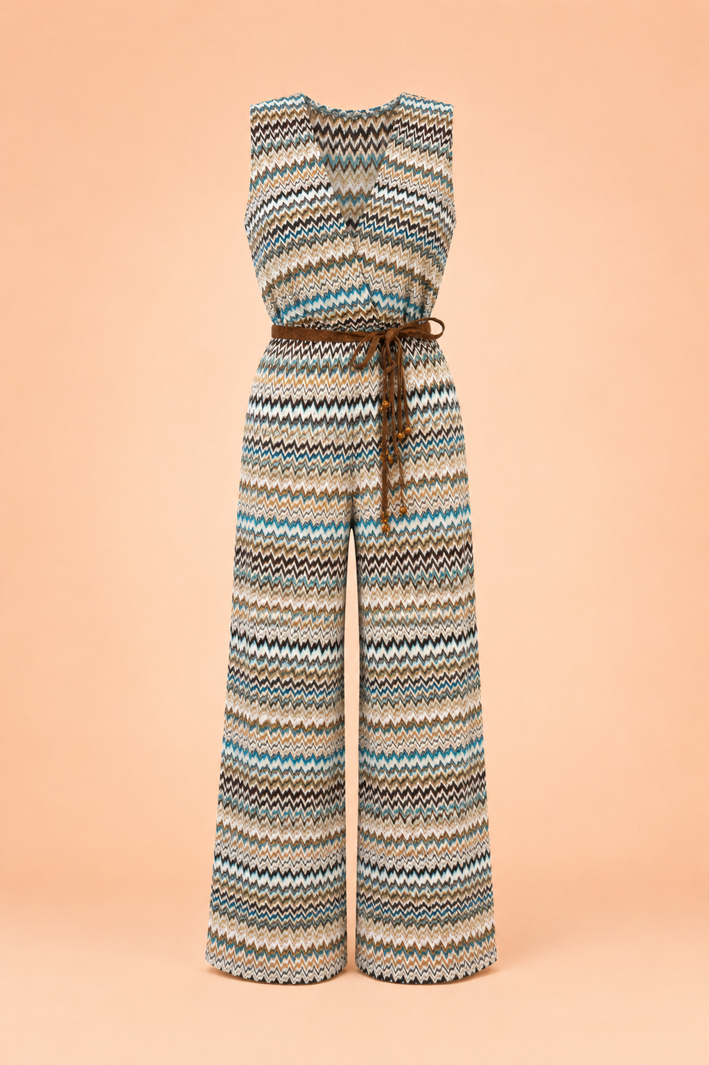 Bohemian Zigzag Print wide Leg Jumpsuit With Tie Waist - Green, Blue & Beige