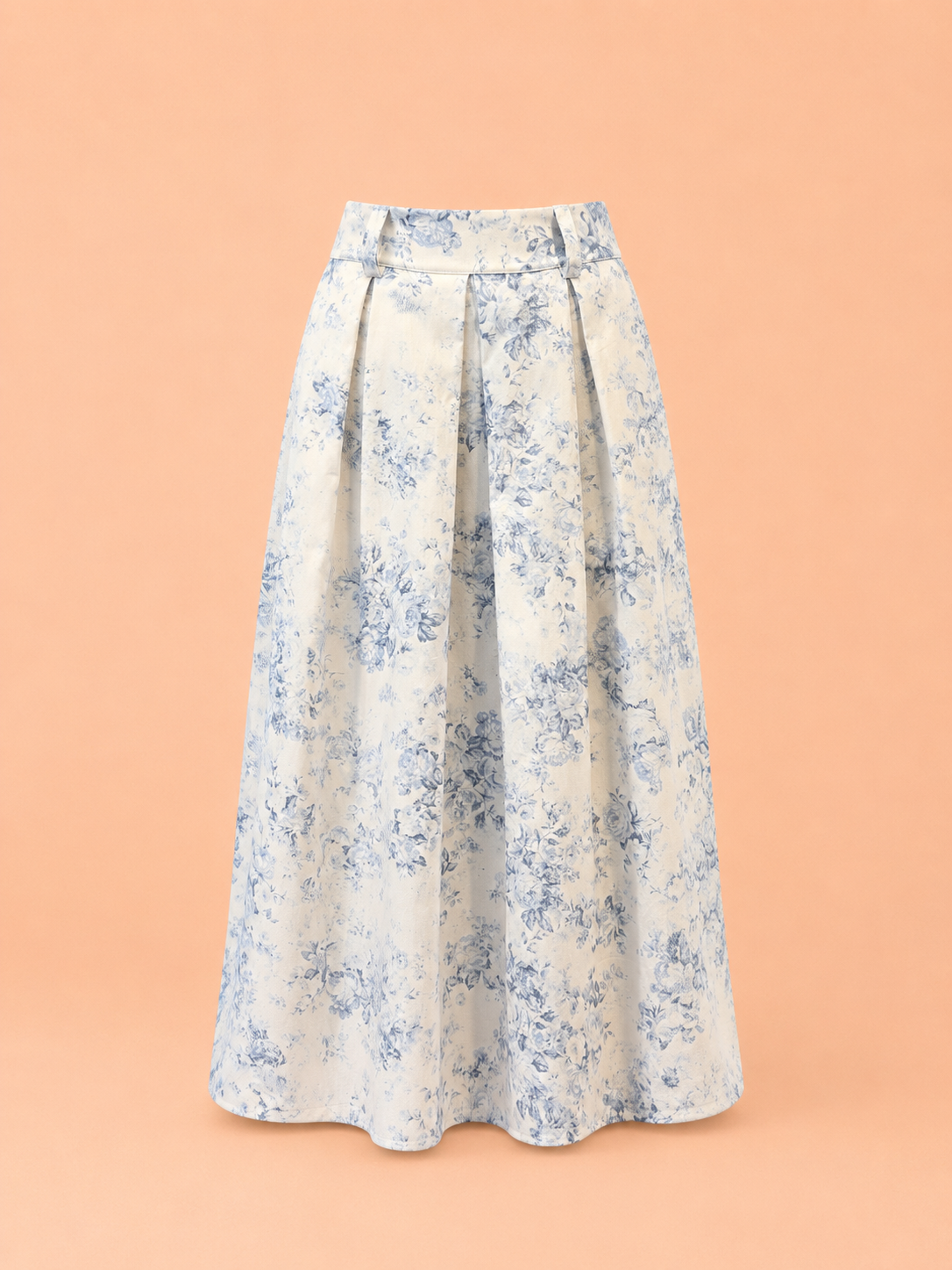 Blue Floral Toile Print A-Line Midi Skirt - Elegant High-Waist Skirt