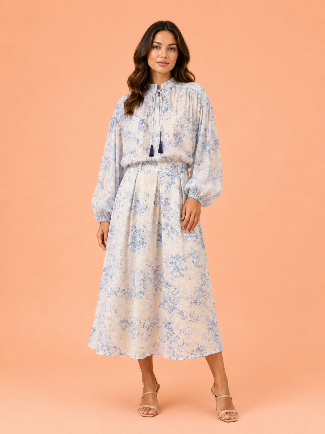 Blue Floral Toile Print A-Line Midi Skirt - Elegant High-Waist Skirt