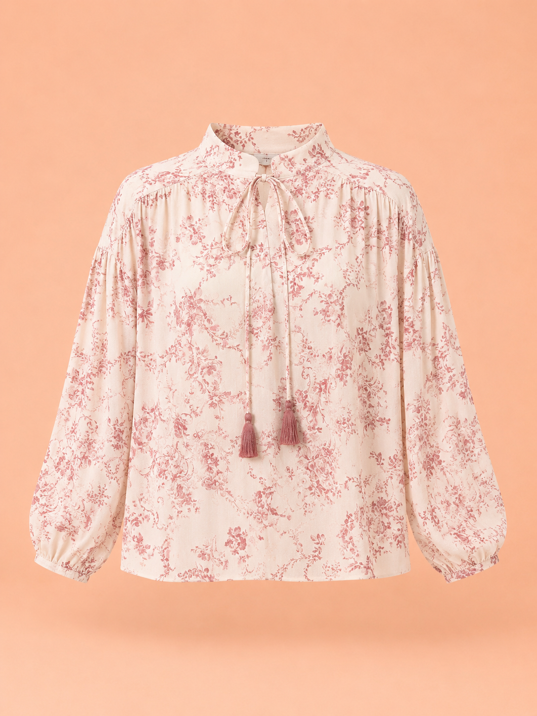 Pink Toile Print Tie-Neck Blouse - Romantic Long Sleeve Floral Top