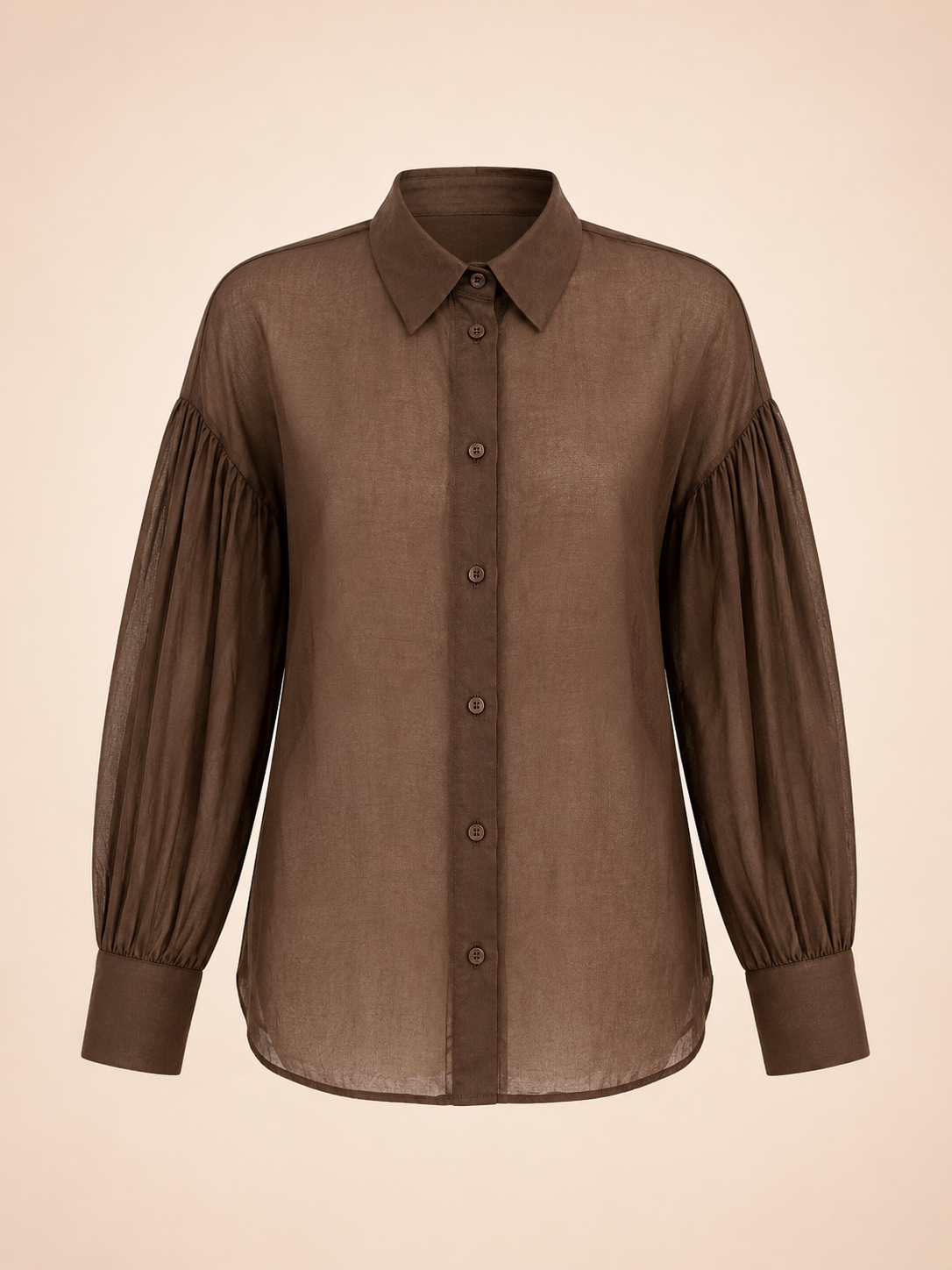 Chocolate Brown Sheer Balloon Sleeve Blouse - Elegant Women's Shirt