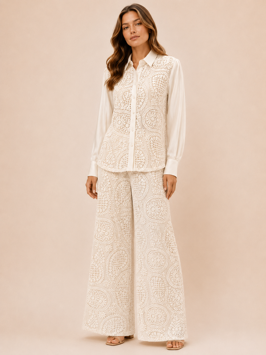 Cream Crochet Lace Button-Up Blouse - Elegant Women's Shirt