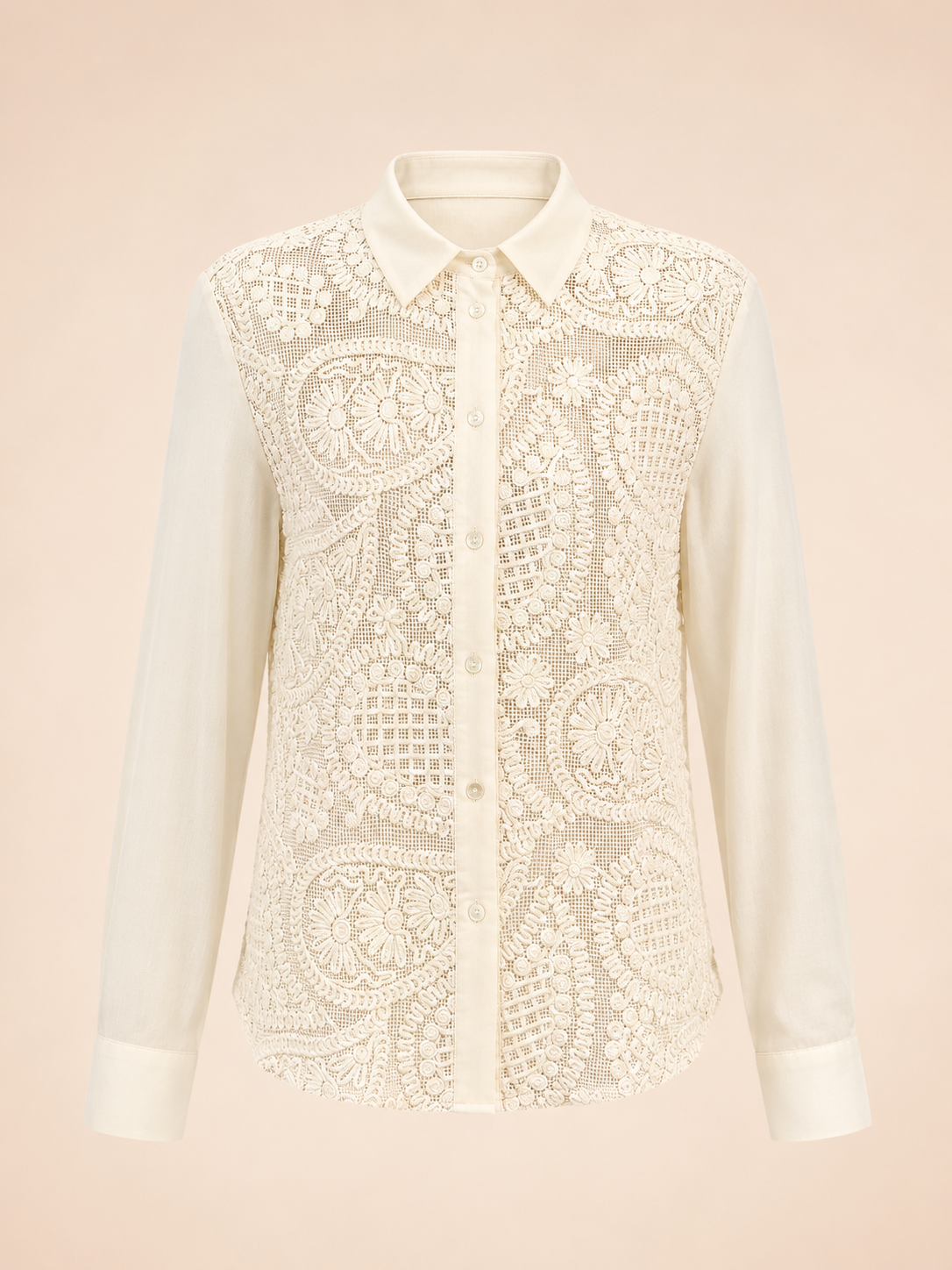 Cream Crochet Lace Button-Up Blouse - Elegant Women's Shirt