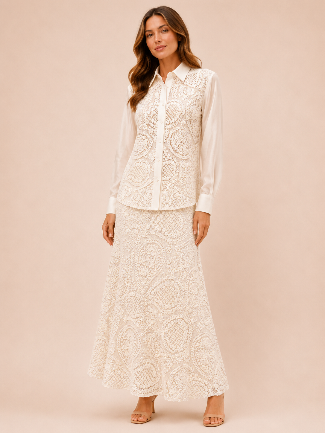 Cream Crochet Lace Button-Up Blouse - Elegant Women's Shirt