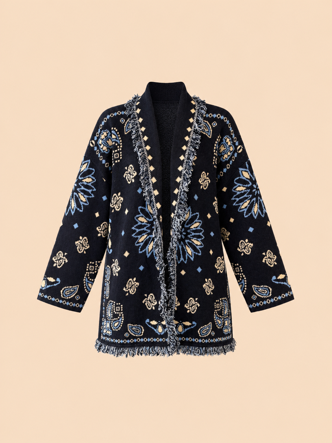 Navy Boho Knit Cardigan With Belt - Oversized Fringe Jacquard Cardigan