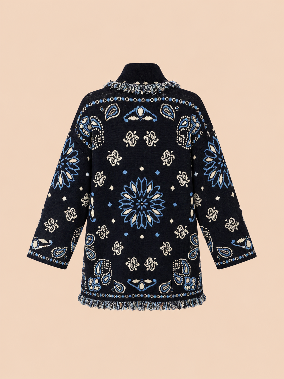 Navy Boho Knit Cardigan With Belt - Oversized Fringe Jacquard Cardigan
