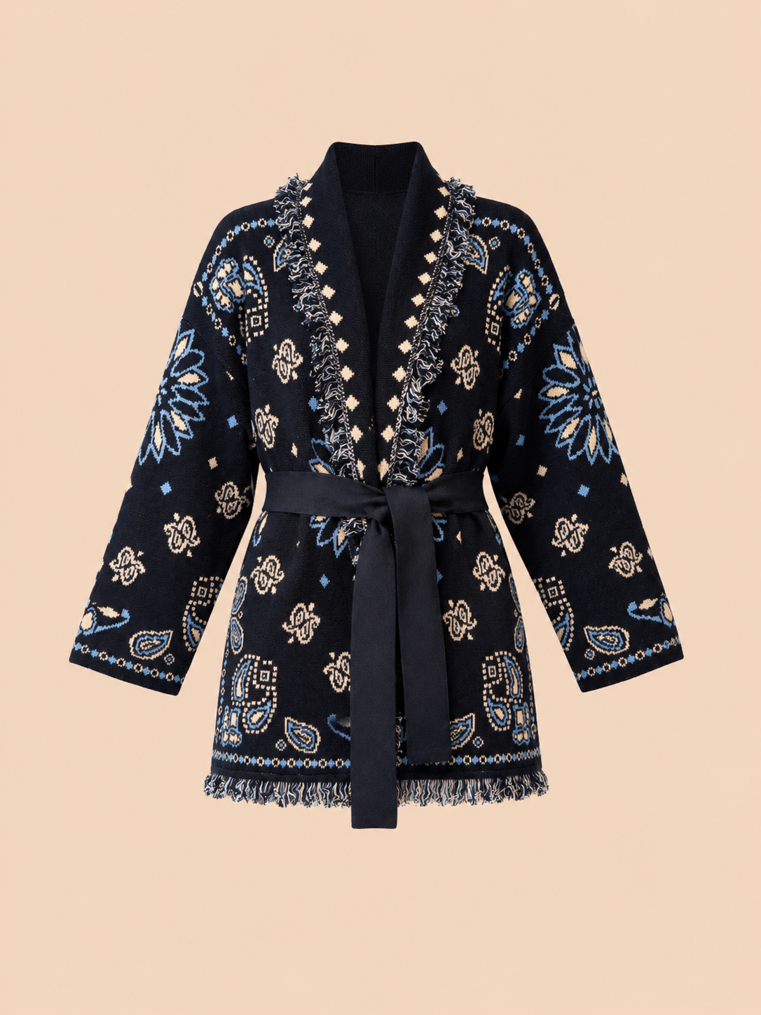 Navy Boho Knit Cardigan With Belt - Oversized Fringe Jacquard Cardigan