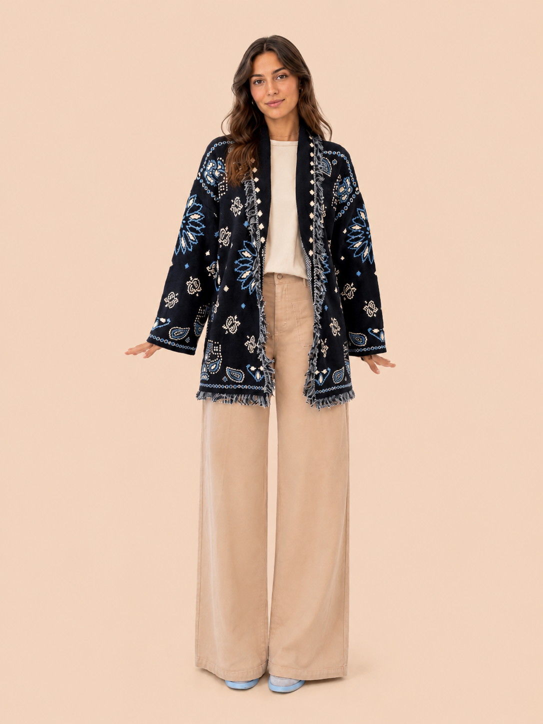 Navy Boho Knit Cardigan With Belt - Oversized Fringe Jacquard Cardigan