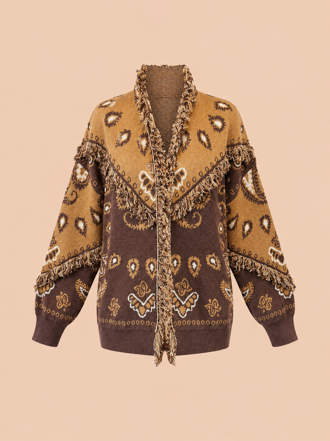 Boho Fringe Knit Cardigan Jacket - Brown & Camel Oversized Open Front Sweater