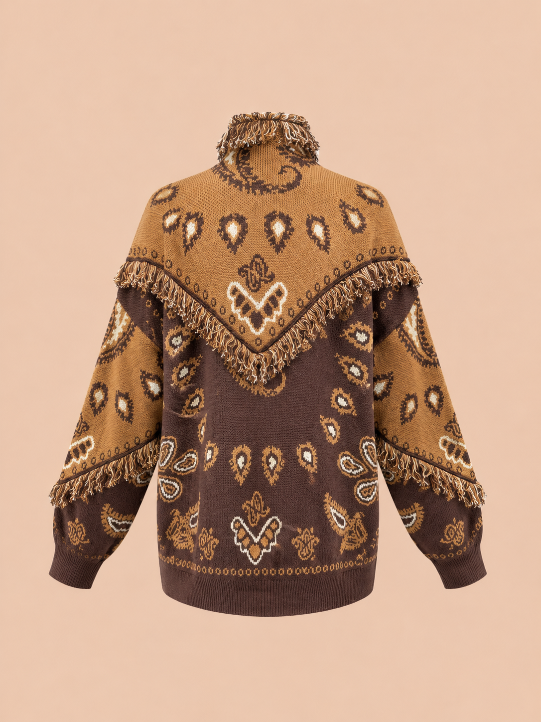Boho Fringe Knit Cardigan Jacket - Brown & Camel Oversized Open Front Sweater