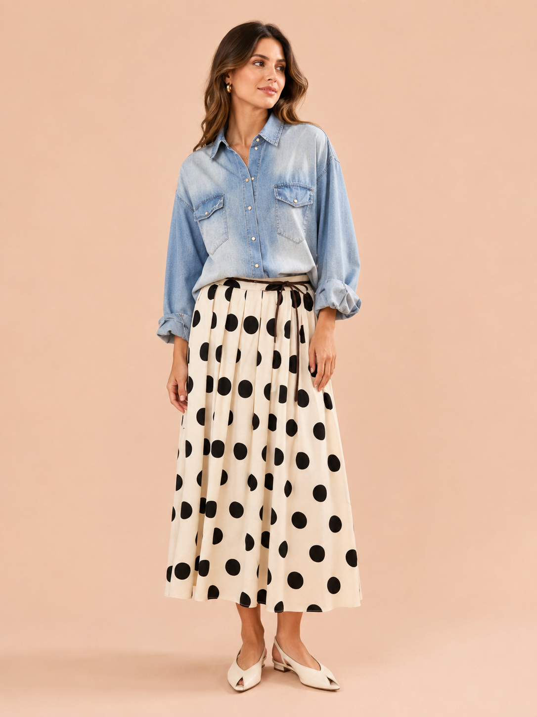 Monroe Polka Dot Maxi Skirt - Cream & Black Pleated Skirt With Tie Waist