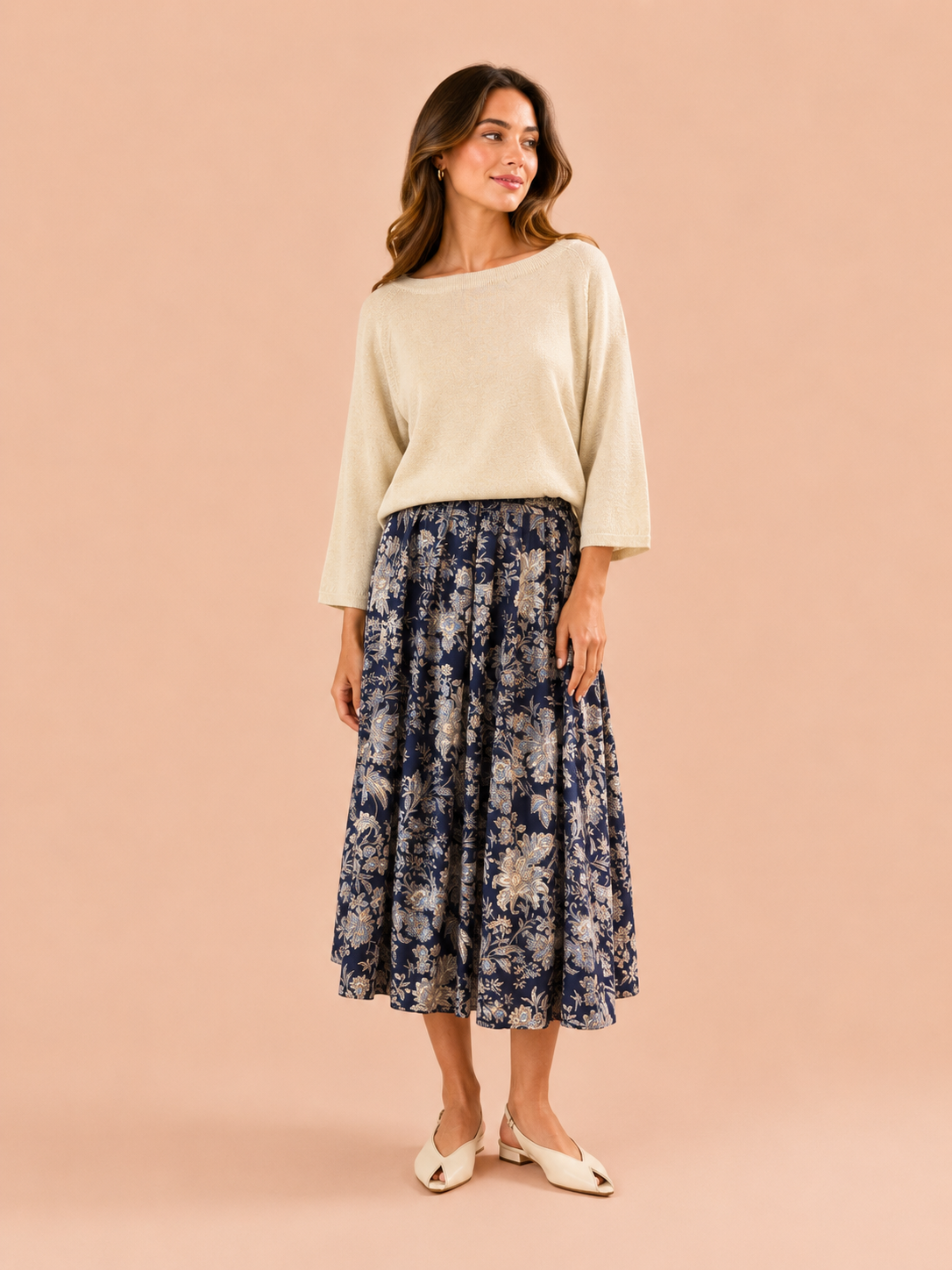 Navy Floral Midi Skirt - Elegant Flowing Skirt