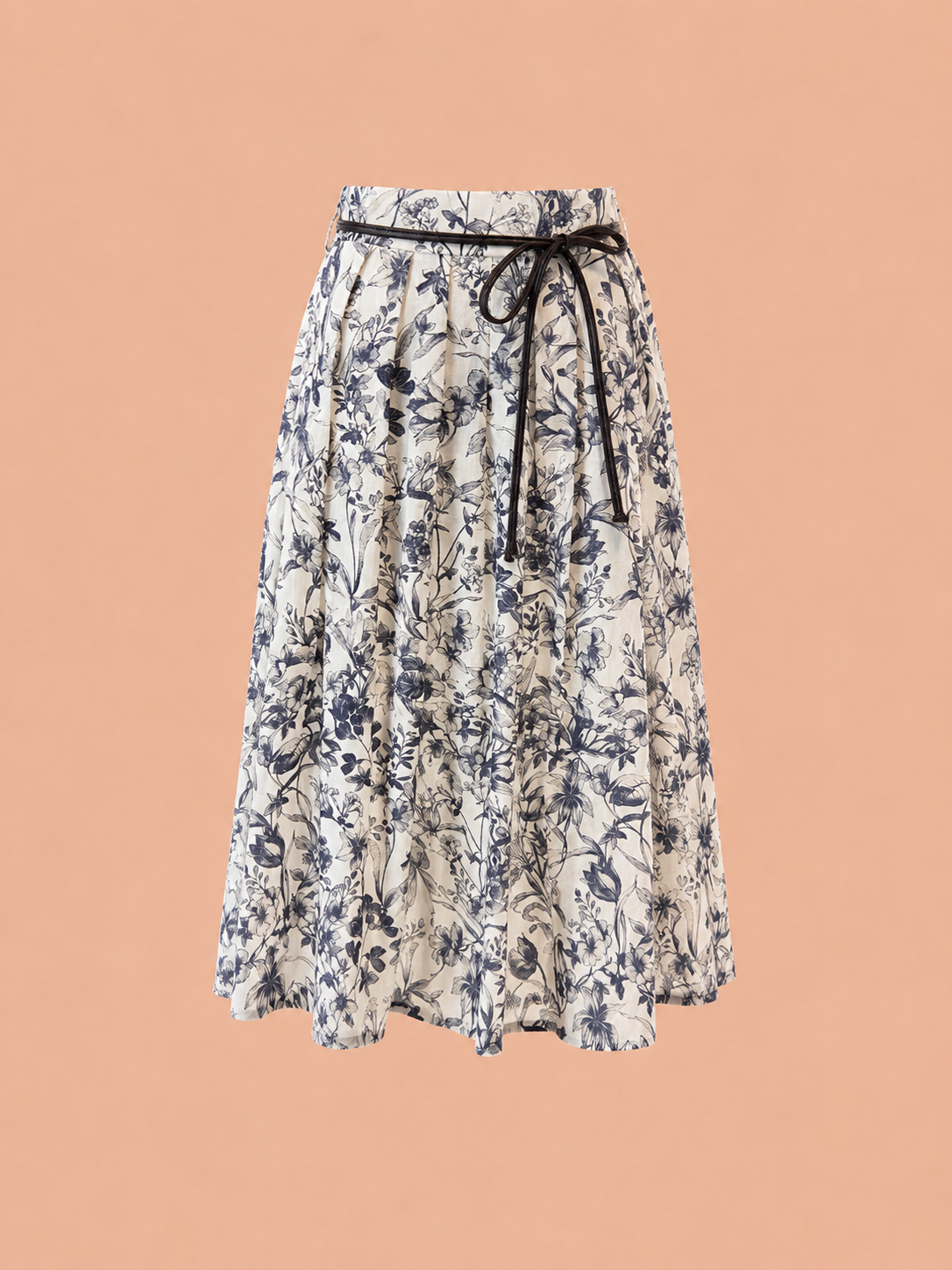 Cream Floral Print Midi Skirt with Dark Brown Tie Belt - Elegant A-Line Skirt