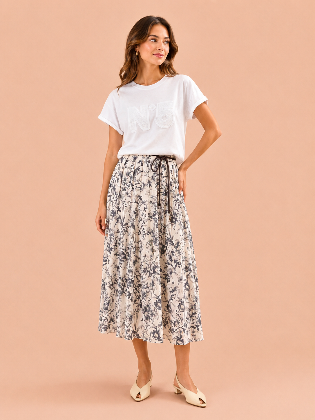 Cream Floral Print Midi Skirt with Dark Brown Tie Belt - Elegant A-Line Skirt