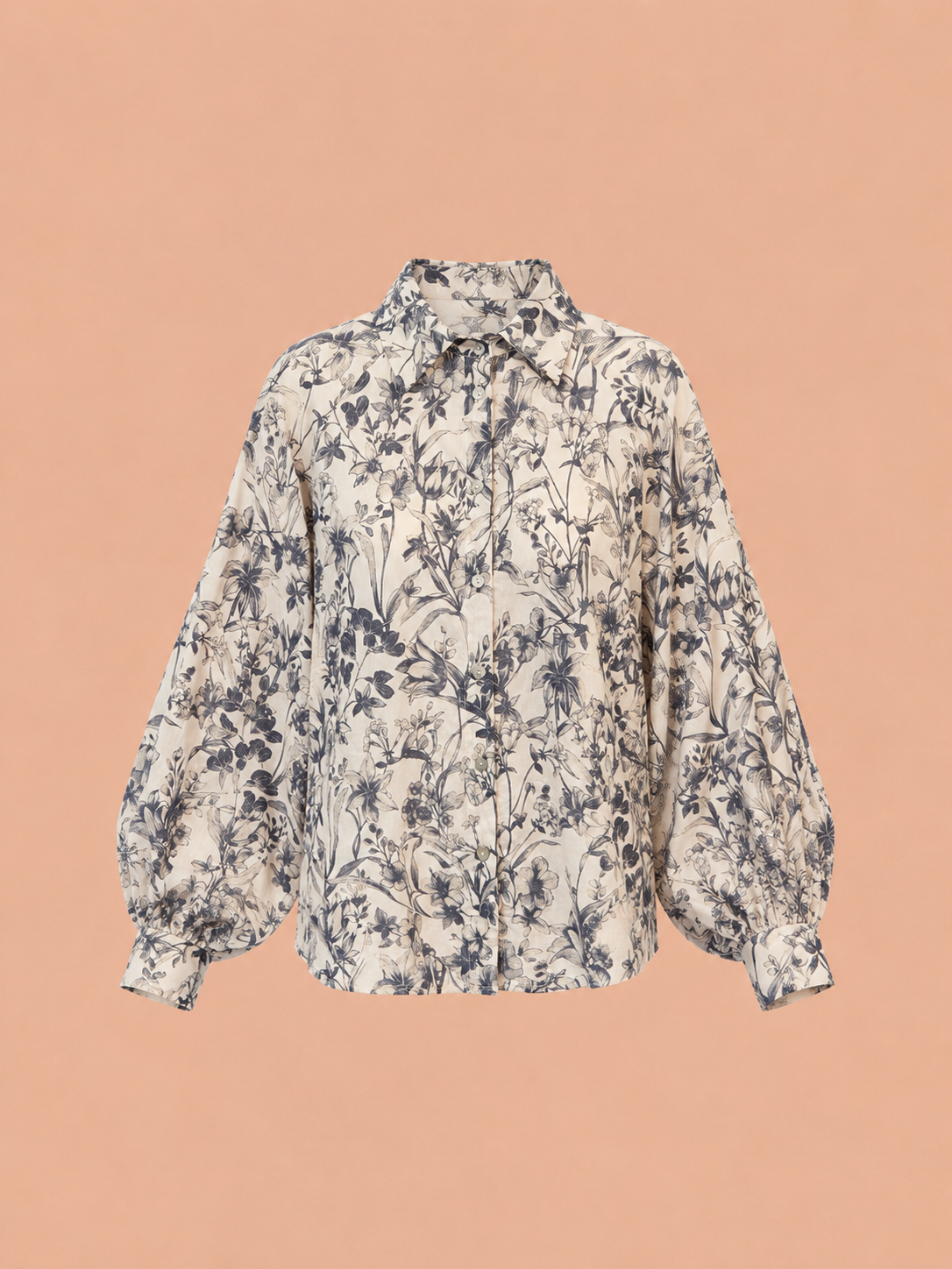 Cream Floral Print Puff Sleeve Blouse - Elegant Button-Up Shirt