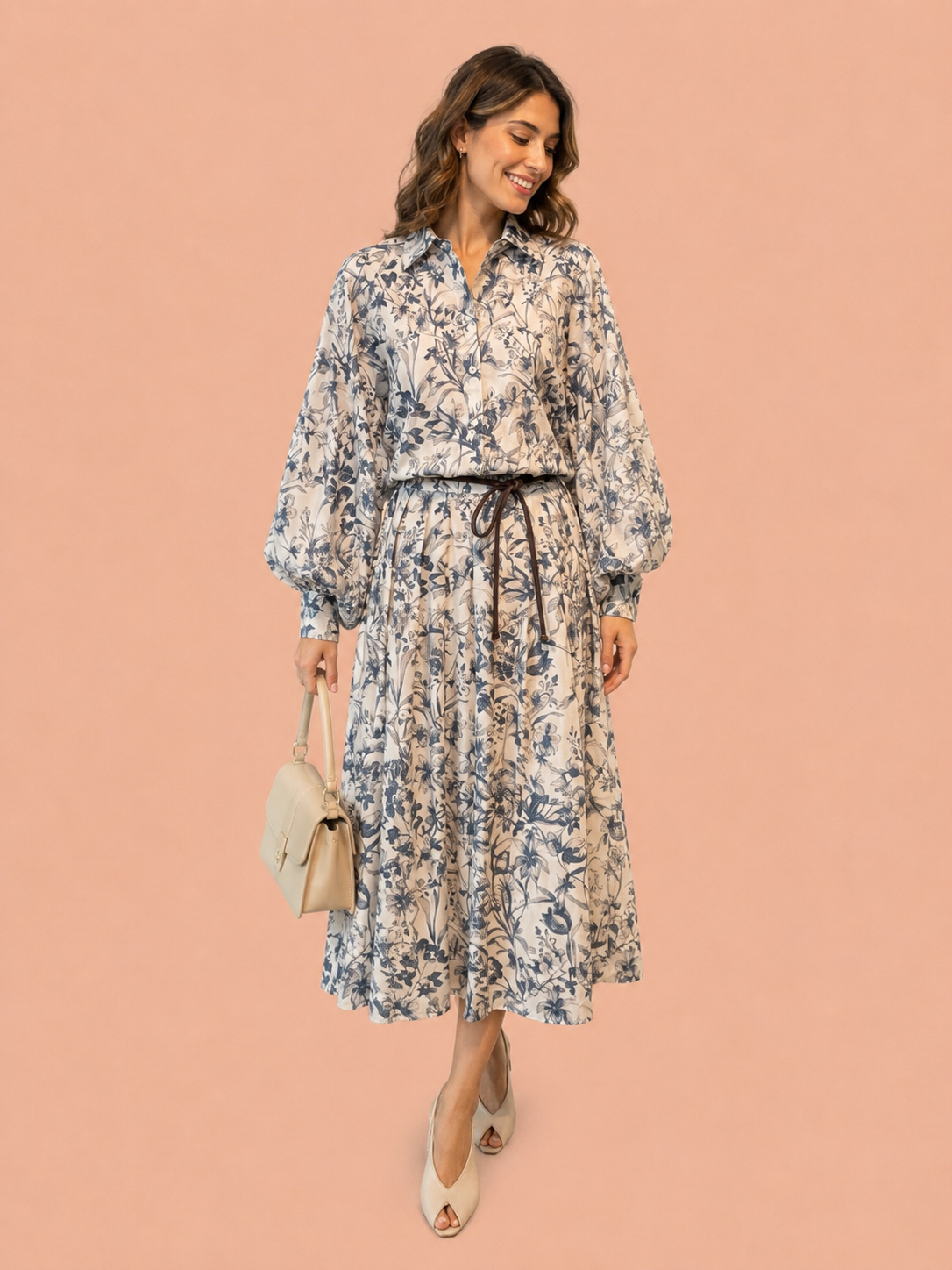 Cream Floral Print Puff Sleeve Blouse - Elegant Button-Up Shirt