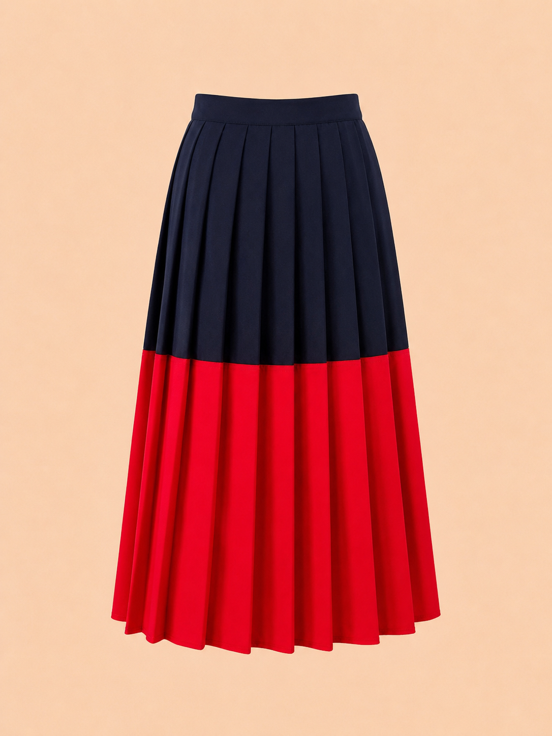 Navy & Red Colour Block Pleated Midi Skirt