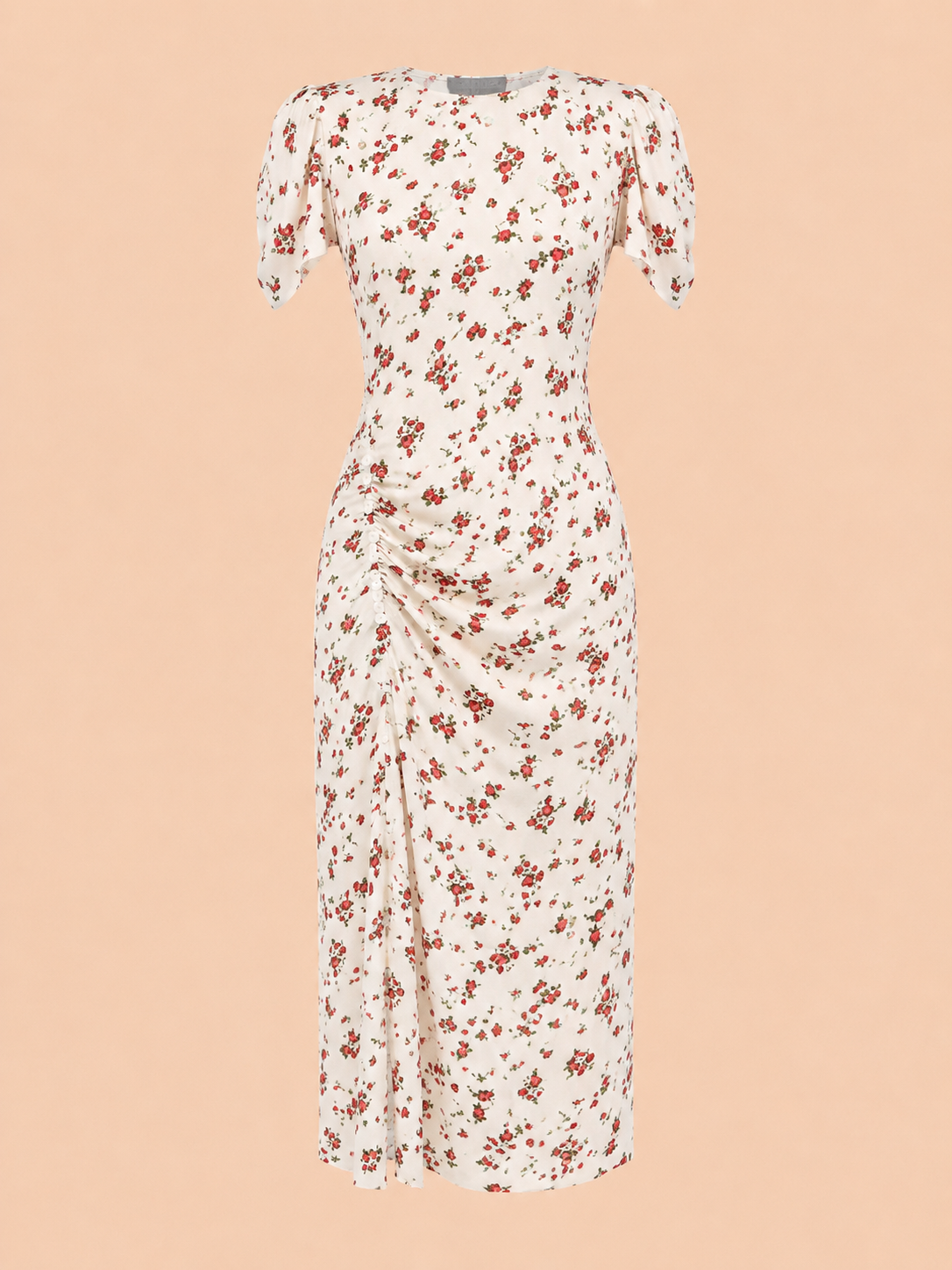 Vintage Rose Floral Ruched Midi Dress - White & Red Romantic Summer Dress