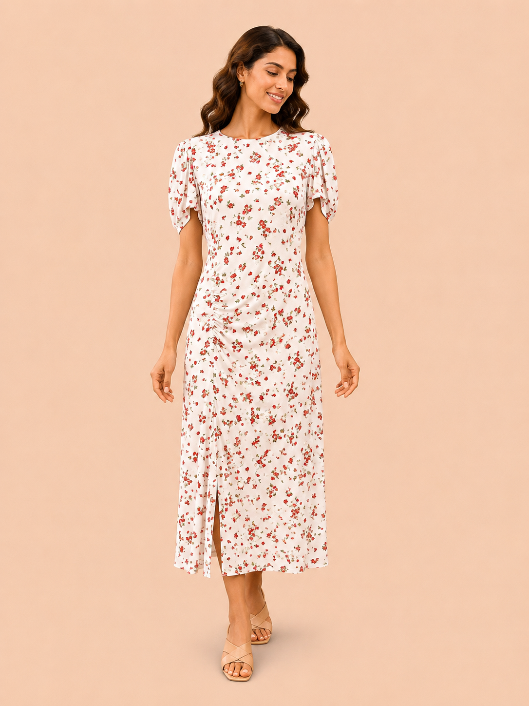 Vintage Rose Floral Ruched Midi Dress - White & Red Romantic Summer Dress