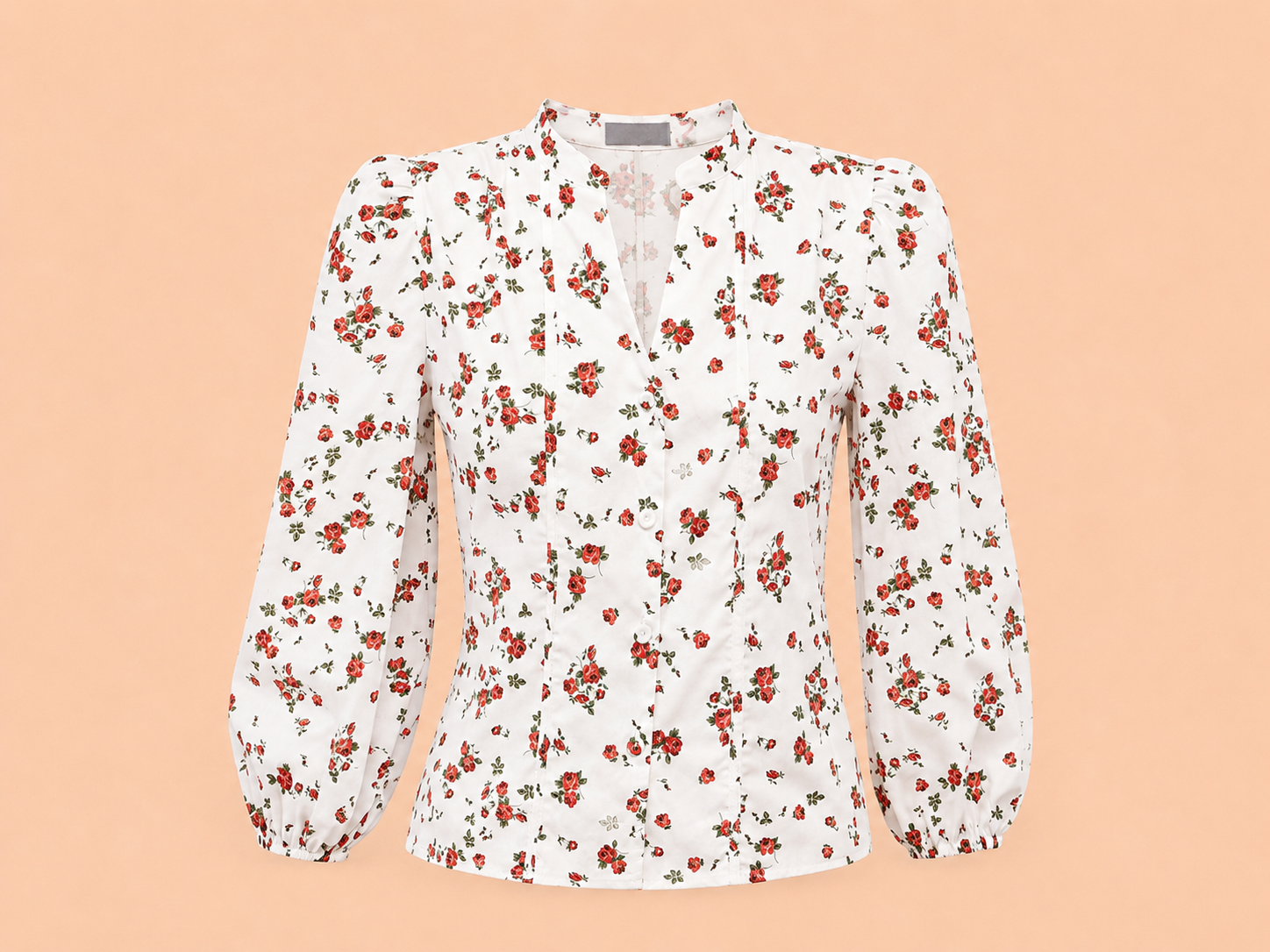 Vintage Rose Floral Puff Sleeve Blouse - White Women's Button Front Top