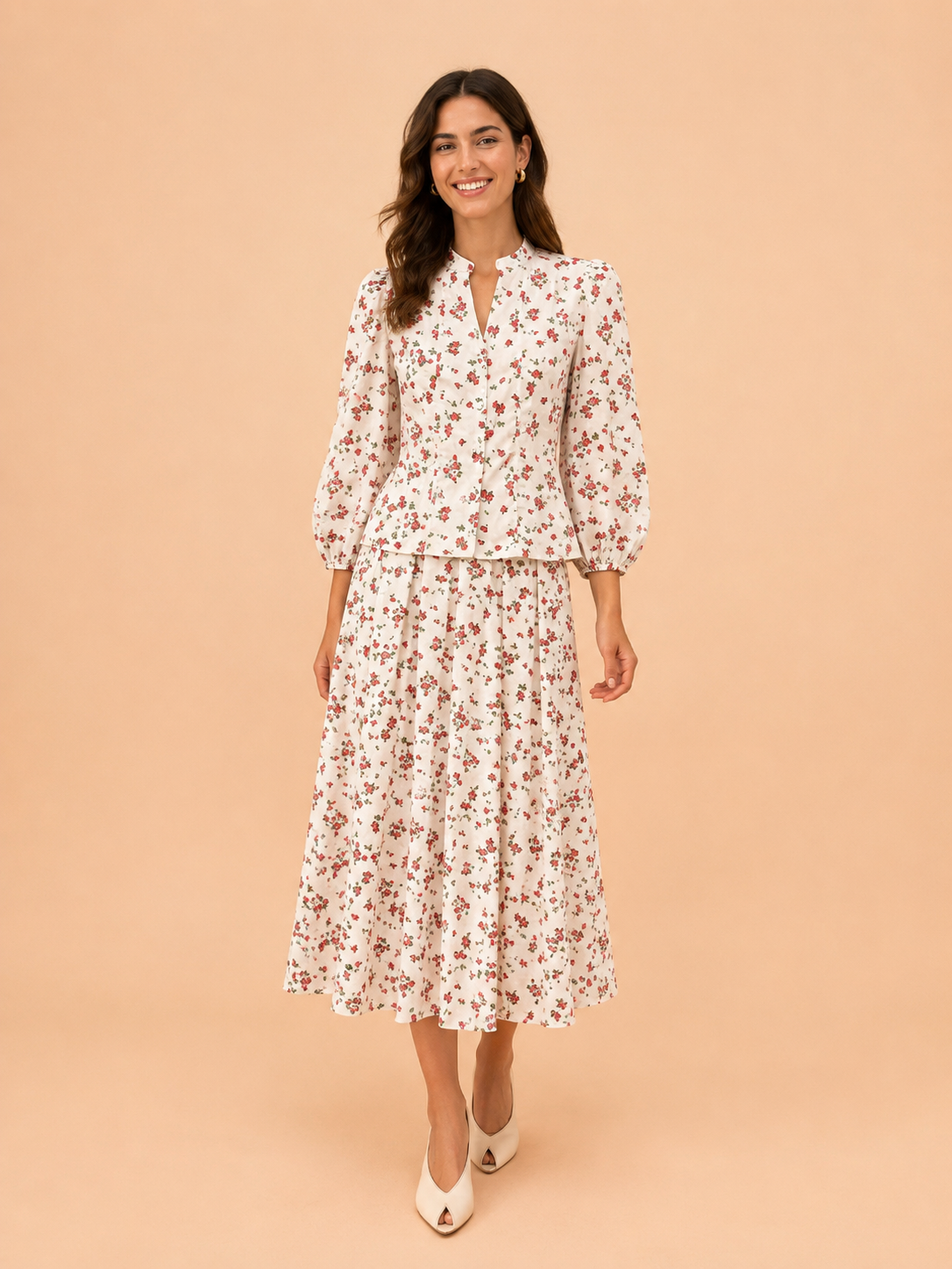 Vintage Rose Floral Midi Skirt - White A-Line Midi Skirt