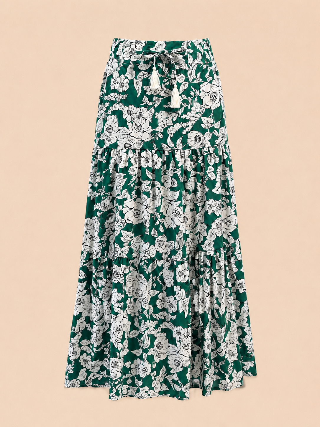 Emerald Green Floral Maxi Skirt - Boho Tiered Summer Skirt