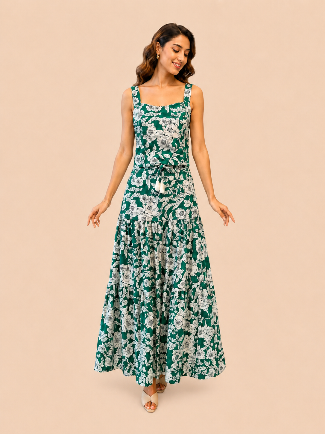 Emerald Green Floral Crop Top - Square Neck Summer Top