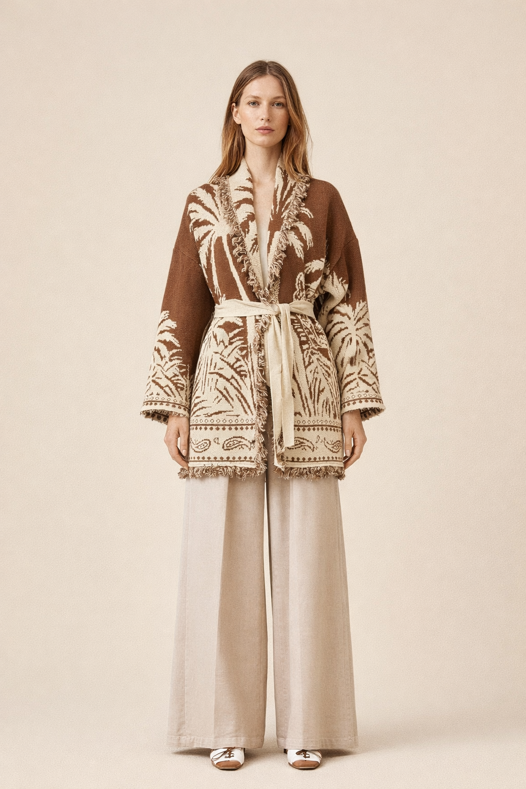 Palm Jacquard Belted Oversized Cardigan - Beige & Brown Boho Knit Jacket