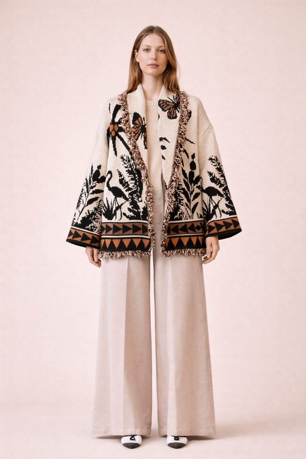 Palm Jacquard Oversized Cardigan - Cream & Black Boho Statement Knit