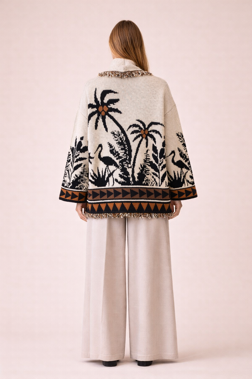 Palm Jacquard Oversized Cardigan - Cream & Black Boho Statement Knit