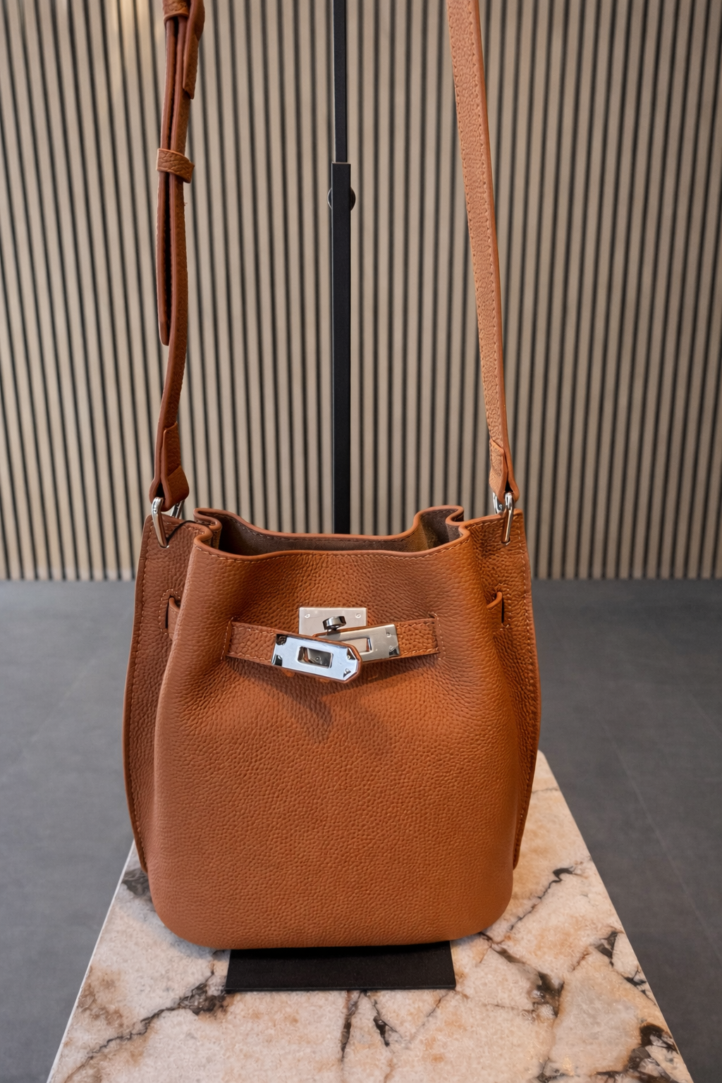 Luxury Cognac Pebbled Leather Bag - Elegant Crossbody Shoulder Bag