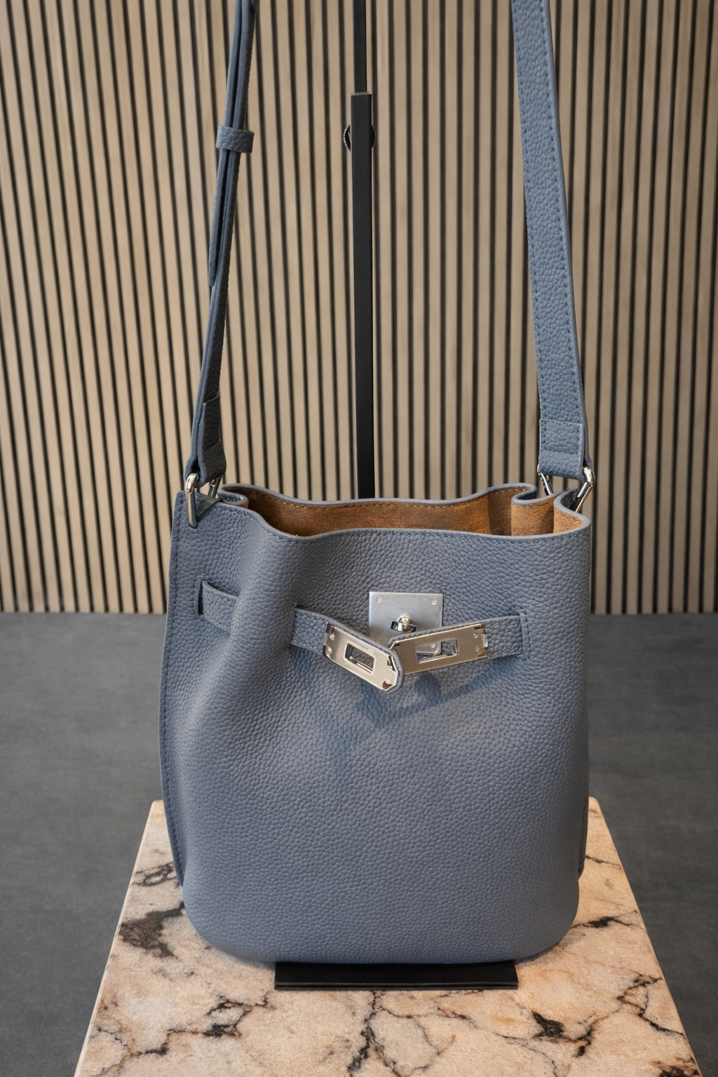 Luxury Denim Blue Pebbled Leather Bag - Elegant Crossbody Shoulder Bag