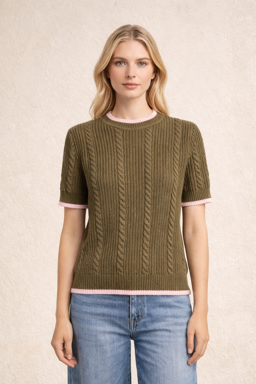 Olive Cable Knit Short Sleeve Sweater With Pink Trim