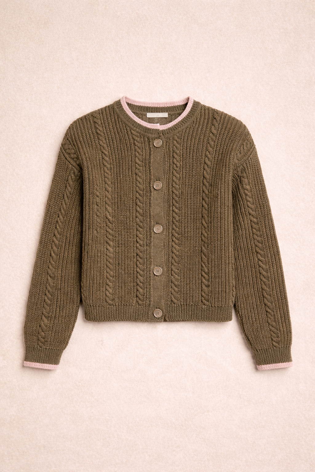 Olive Cable Knit Cardigan With Pink Trim - Women's Button Front Sweater