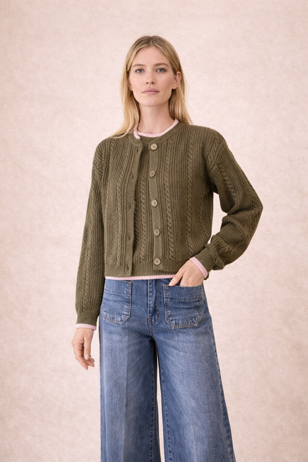 Olive Cable Knit Cardigan With Pink Trim - Women's Button Front Sweater