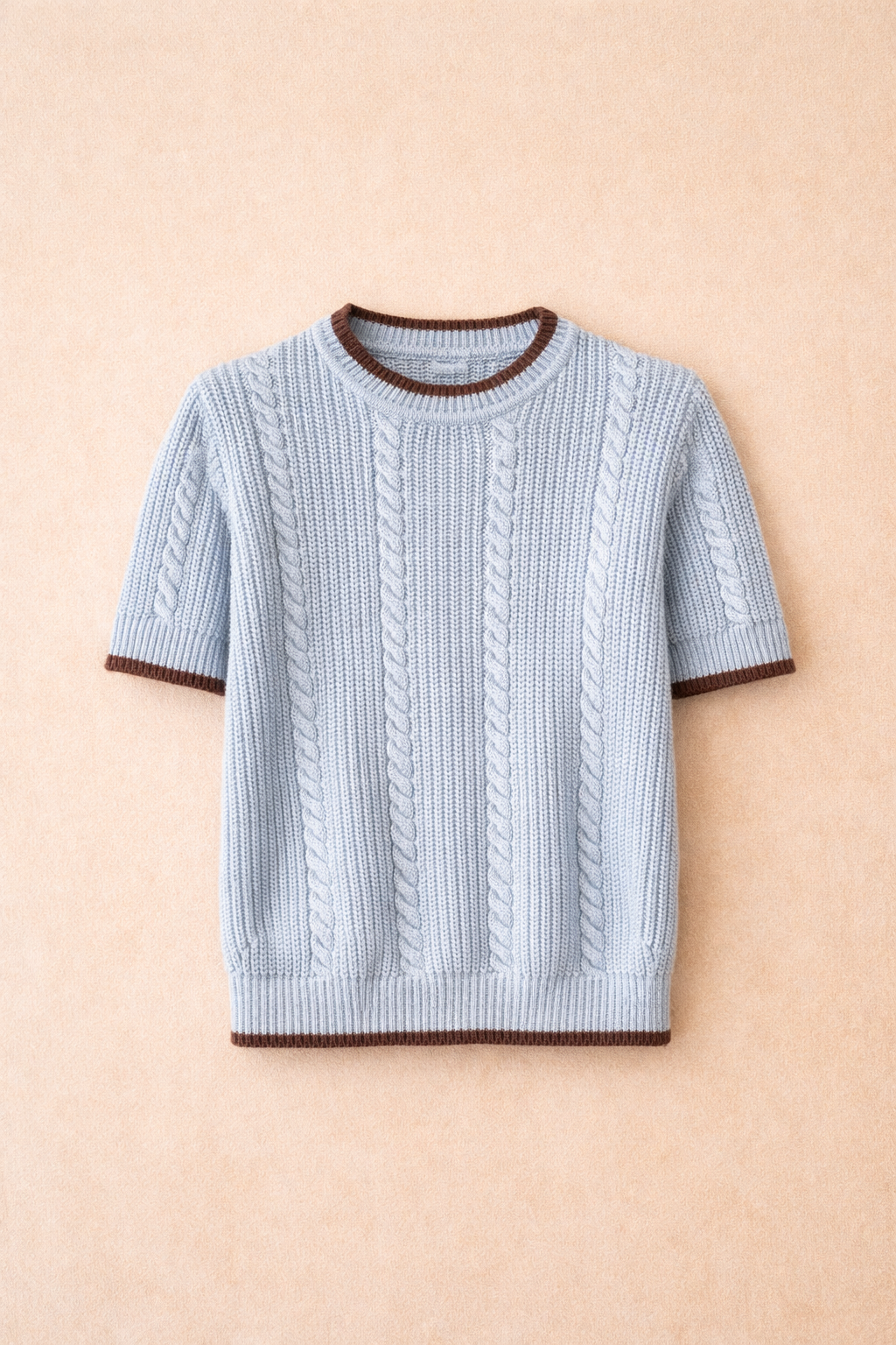 Light Blue Cable Knit Short Sleeve Sweater With Brown Trim