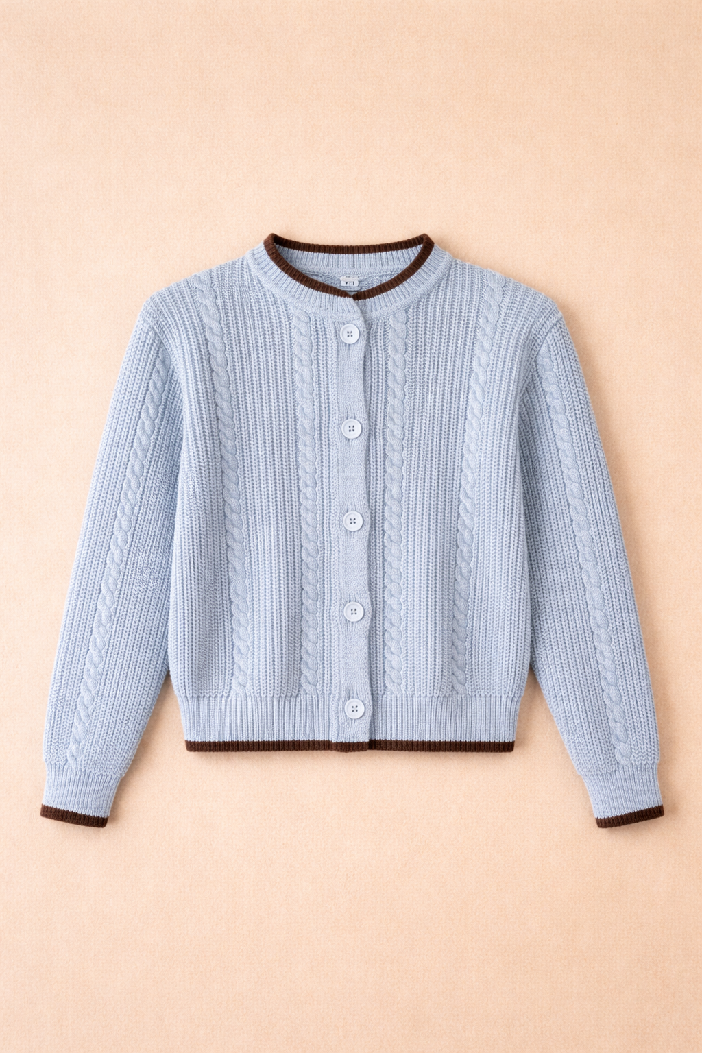 Light Blue Cable Knit Cardigan With Brown Trim - Women's Button Front Sweater
