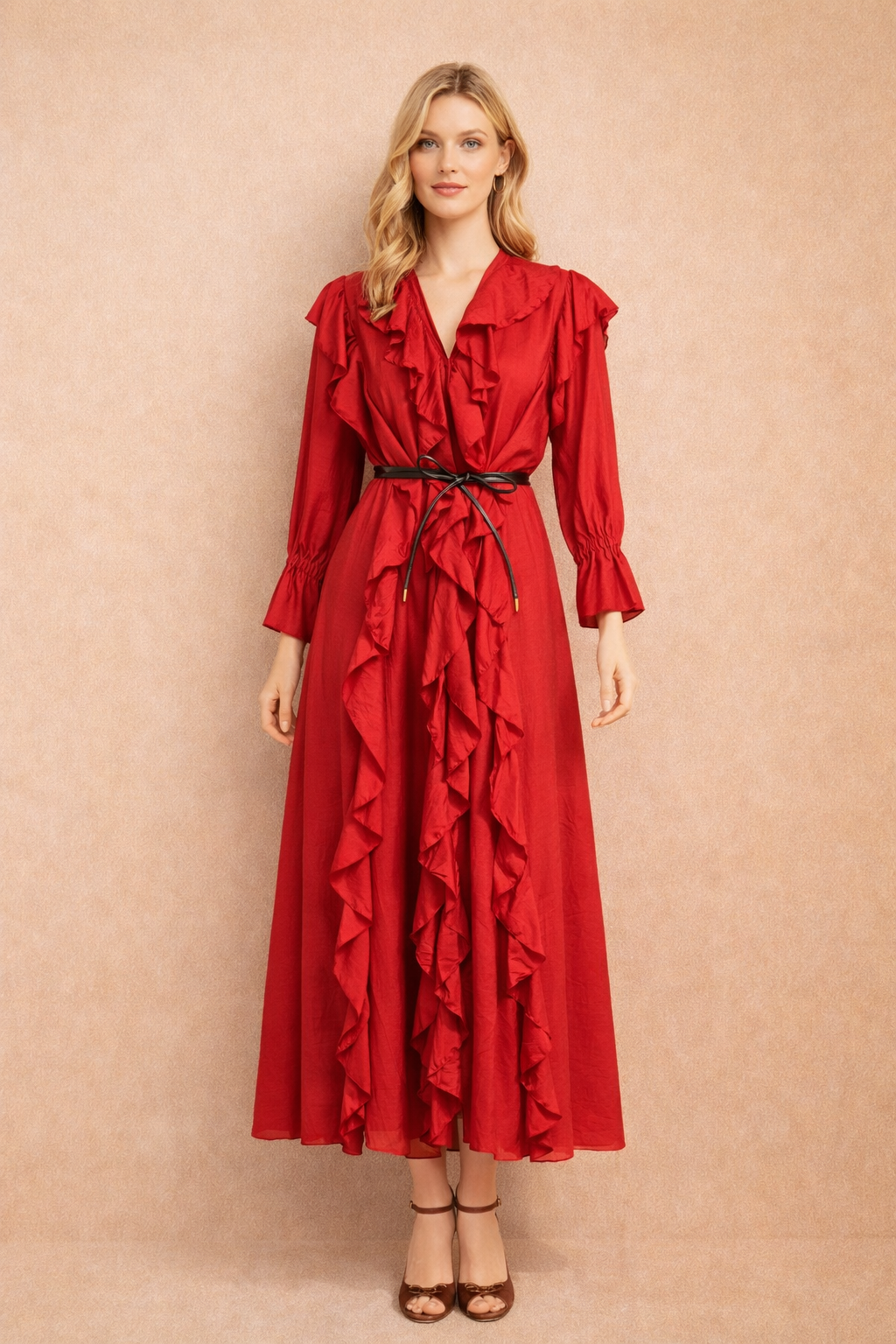 Elegant Red Ruffle Maxi Dress With Belt