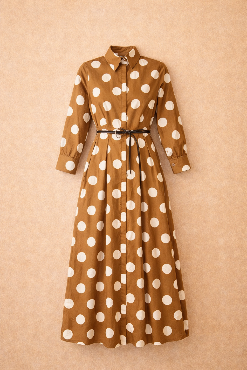 Brown Polka Dot Shirt Maxi Dress With Belt