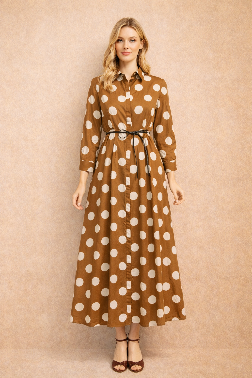 Brown Polka Dot Shirt Maxi Dress With Belt